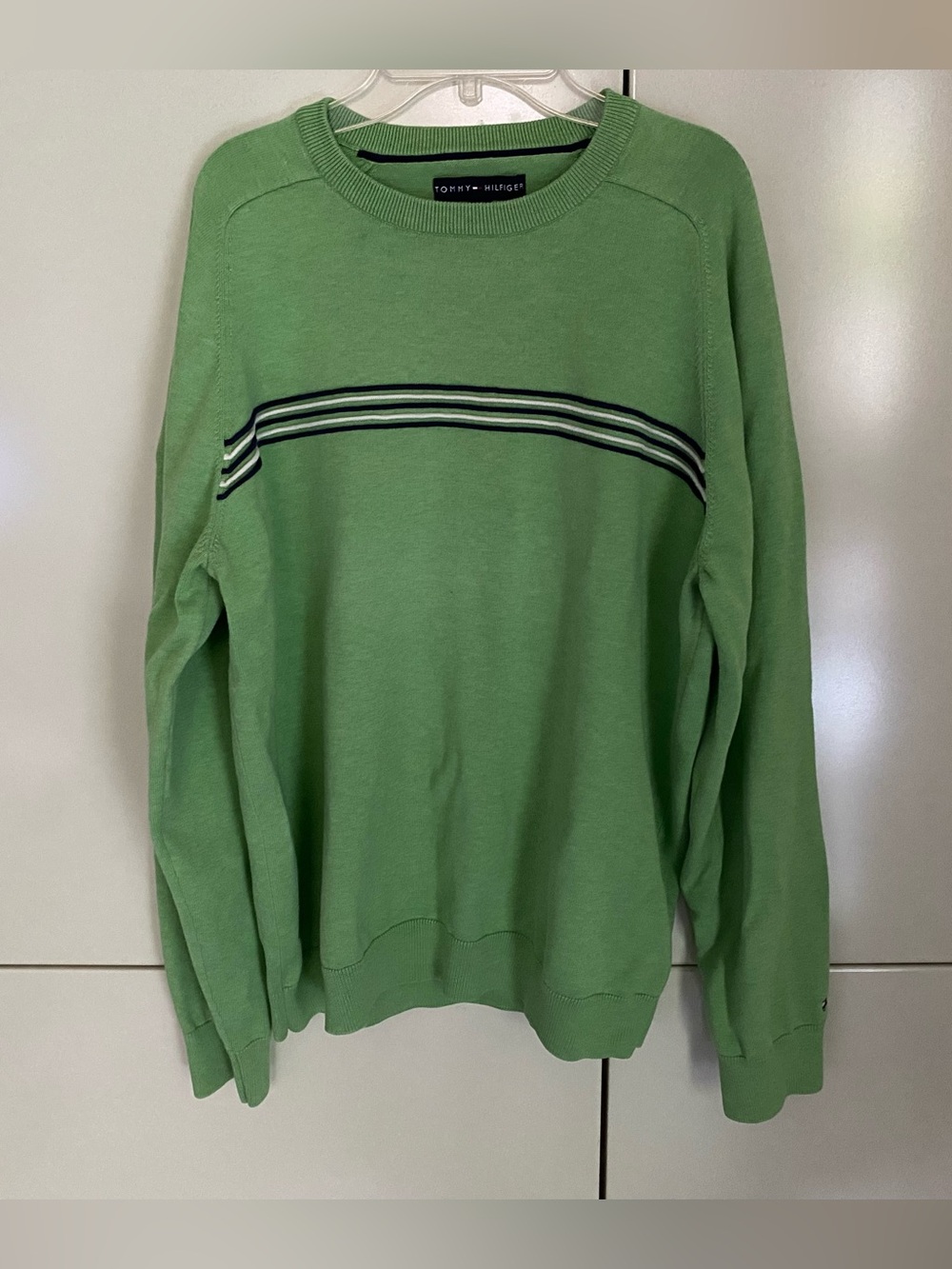 Tommy Hilfiger Green Crewneck Sweater with Navy & White Stripes